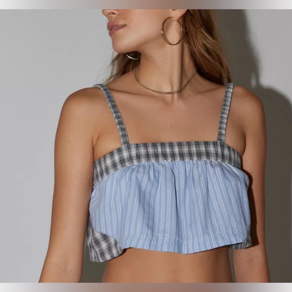 New Urban Outfitters Noah Cropped Cami Blue/Gray Checkered and Stripped size M